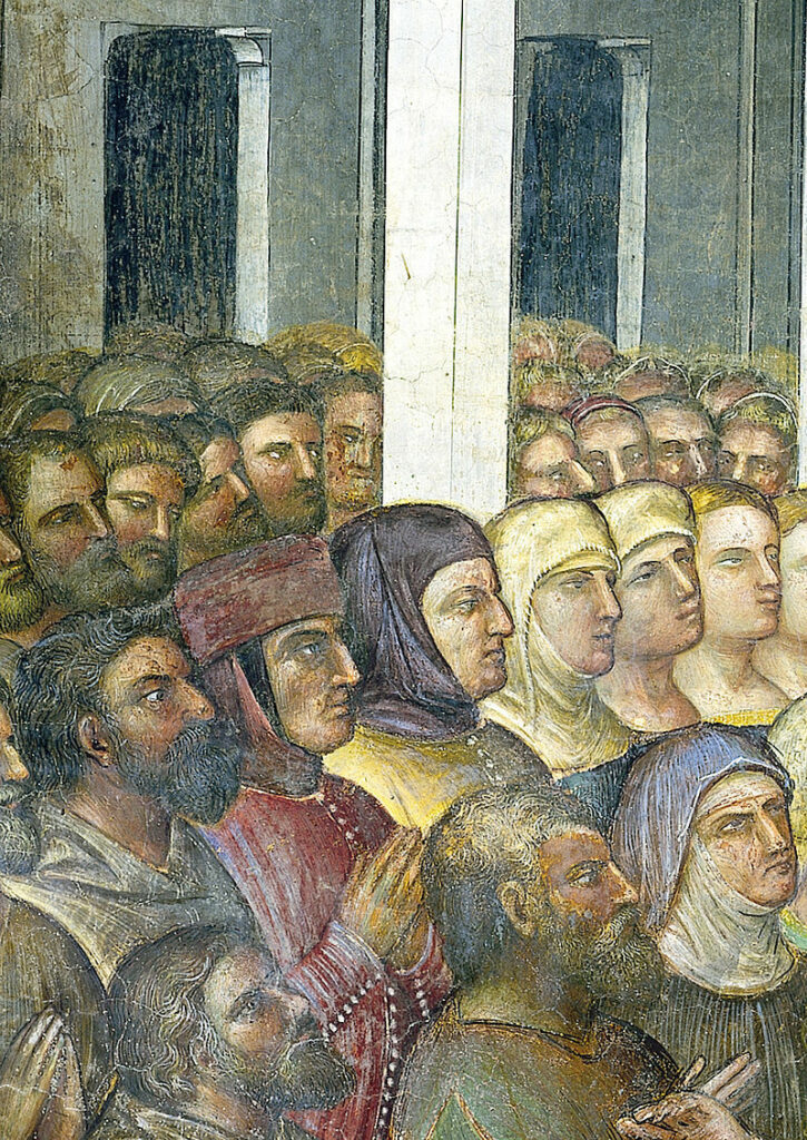 Francesco il Vecchio hitvese, Fina Buzzaccarini és a költő Francesco Petrarca társaságában. Giusto de'Menabuoi freskójának részlete a padovai Santa Maria Assunta-székesegyház keresztelőkápolnájában