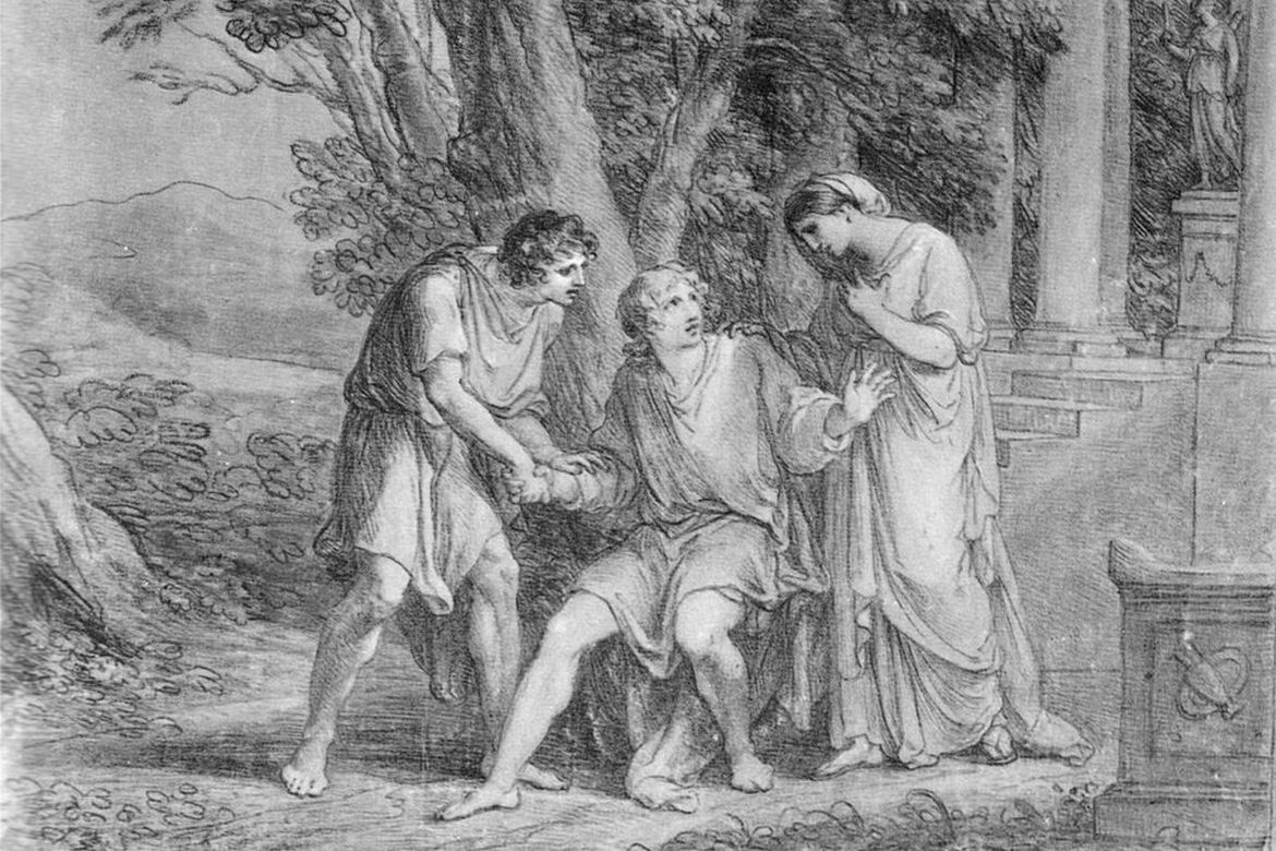 Egy képzet a Krím korai történetéből: Oresztész (középen) egy görög ifjú és egy elegáns hölgy társaságában. A rajz Goethe Iphigeneia Tauriszban c. drámájának 1802-es weimari bemutatójára készült. Forrás: Wikipedia