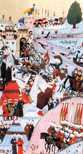 Nándorfehérvár 1456-os ostroma a harcoló II. Mehmeddel. Isztambul, Topkapi Szeráj Múzeum. Forrás: Wikipedia