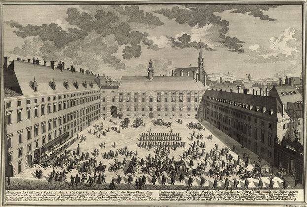 Georg Daniel Heumann – Salomon Kleiner: „A császári Burg belső udvarának látképe (Hofburg, Innerer Burghof)”. Keletkezett 1725-ben. (Kép forrása: Wien Museum, Inventarnummer HMW 105765/39.)