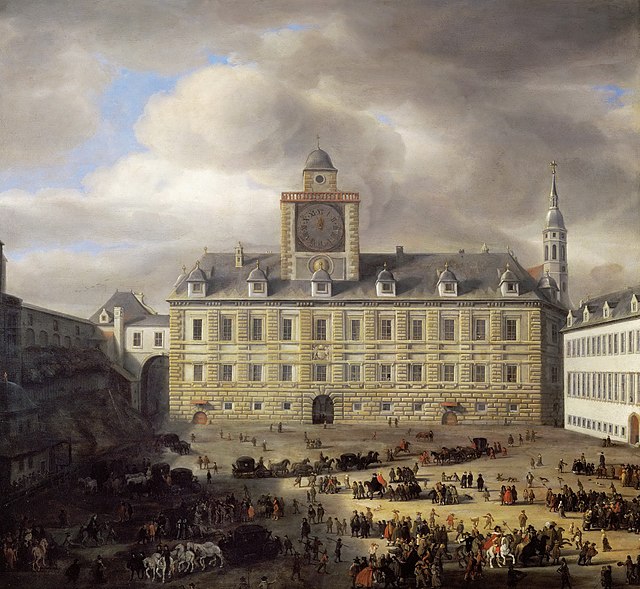 Samuel van Hoogstraten: Az Innerer Burgplatz Bécsben (háttérben az Amáliavár épületével). Keletkezett 1652-ben. (Kép forrása: Wikimedia Commons)