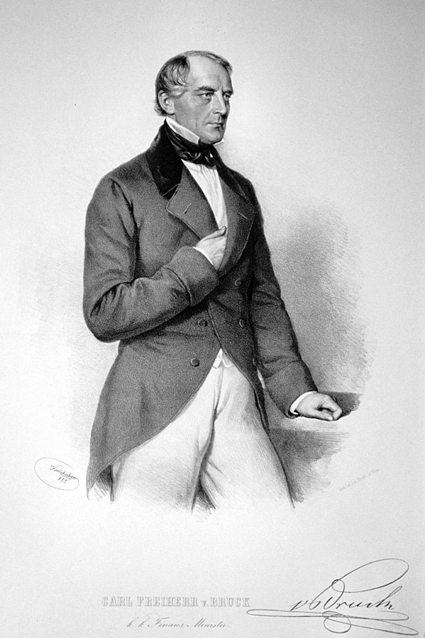 Karl Ludwig Freiherr von Bruck (1798-1860) kereskedelmi miniszter. Josef Kriehuber litográfiája (1855).