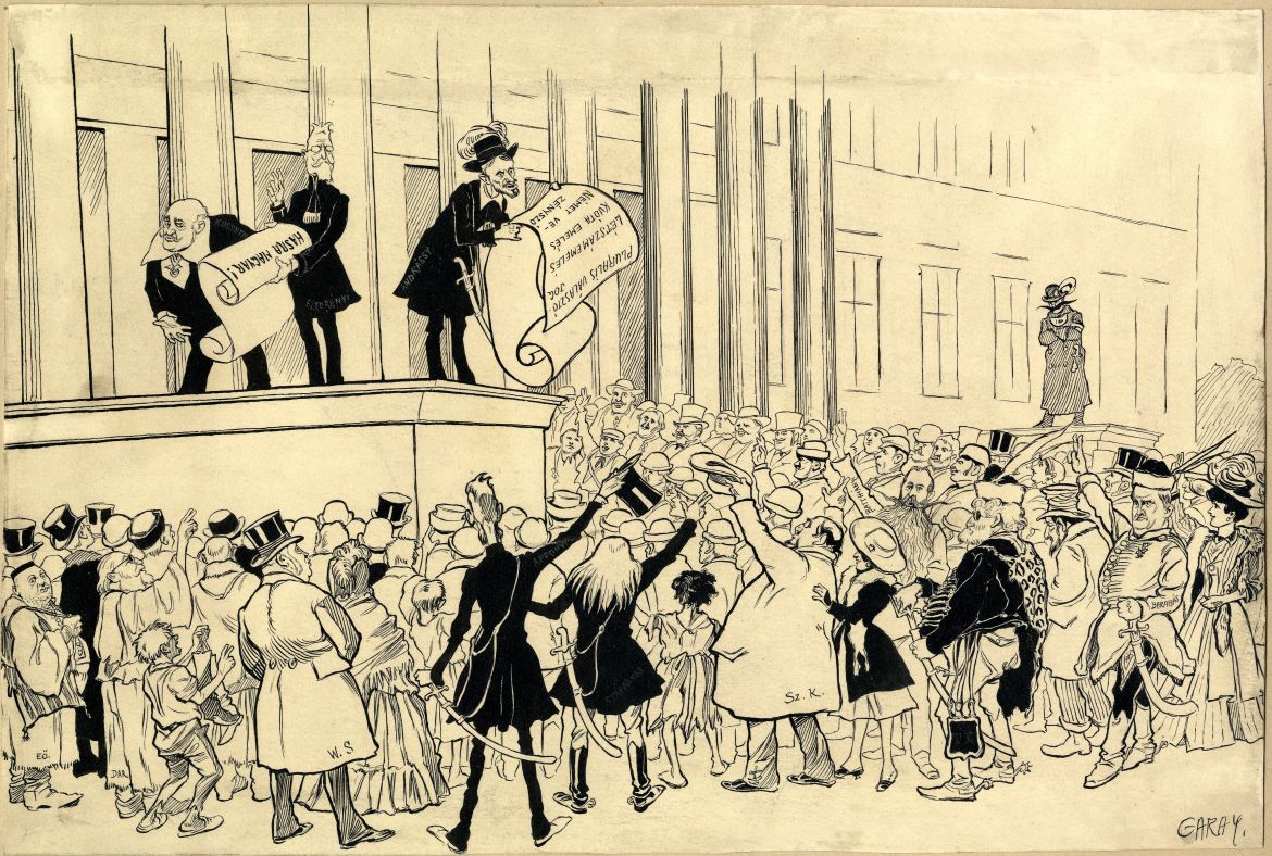 Karikat&uacute;ra 1908. m&aacute;rcius 15-&eacute;n. Az emelv&eacute;nyen ifj. Andr&aacute;ssy Gyula olvassa fel a koal&iacute;ci&oacute;s korm&aacute;ny 12 pontj&aacute;t, a h&aacute;tt&eacute;rben Kossuth Ferenc &eacute;s Szter&eacute;nyi J&oacute;zsef, a k&ouml;z&ouml;ns&eacute;g soraiban Wekerle S&aacute;ndor, E&ouml;tv&ouml;s K&aacute;roly, Batthy&aacute;ny Tivadar, Barab&aacute;s B&eacute;la. Kossuth Ferenc a maga Nemzeti Dal&aacute;t adja elő &bdquo;Hasra magyar!&rdquo; c&iacute;mmel. Andr&aacute;ssy 12 pontja &iacute;gy sz&oacute;l: &bdquo;A nagy m&aacute;rczius 15-nek hatvanadik &eacute;vfordul&oacute;j&aacute;n k&iacute;v&aacute;nja teh&aacute;t a magyar nemzet: 1. A plur&aacute;lis v&aacute;laszt&oacute;i jogot, 2. a kv&oacute;ta-emel&eacute;st, 3. a l&eacute;tsz&aacute;m-emel&eacute;st, 4. a tiszti g&aacute;zsi-emel&eacute;st, 5. a h&aacute;zb&eacute;remel&eacute;st, 6. a mand&aacute;tumok sz&aacute;m&aacute;nak emel&eacute;s&eacute;t, 7. a k&eacute;pviselők nyugd&iacute;jjogosults&aacute;g&aacute;t, 8. az &ouml;n&aacute;ll&oacute; magyar bank tők&eacute;j&eacute;nek elemel&eacute;s&eacute;t, 9. f&uuml;ggetlens&eacute;gi főisp&aacute;nokat, 10. a Duna-Tisza csatorn&aacute;t, 11. a vas&uacute;ti beruh&aacute;z&aacute;sokat s v&eacute;gezet&uuml;l 12. ikerpontul a parlamenti klotűrt &eacute;s az előzetes sajt&oacute;-cenzur&aacute;t.&rdquo; Megjelent: Borsszem Jank&oacute;, 41. &eacute;vf. 1908. m&aacute;rc. 15. 11. sz. 10&ndash;11.